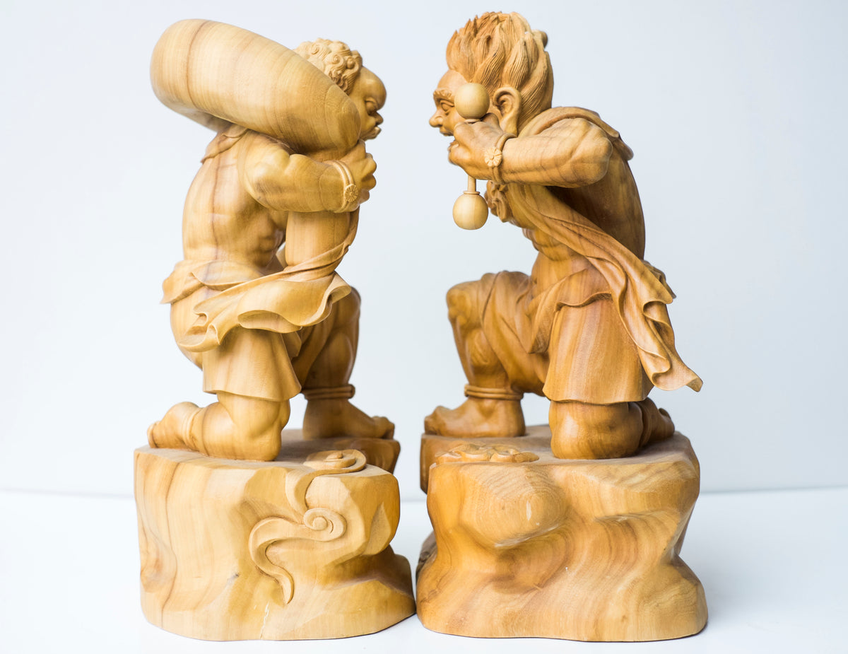 Large Vintage Japanese Fujin Raijin Carved Wood Statues Pair | Wind Thunder Gods | Buddhist Guardian Sculpture with Box
