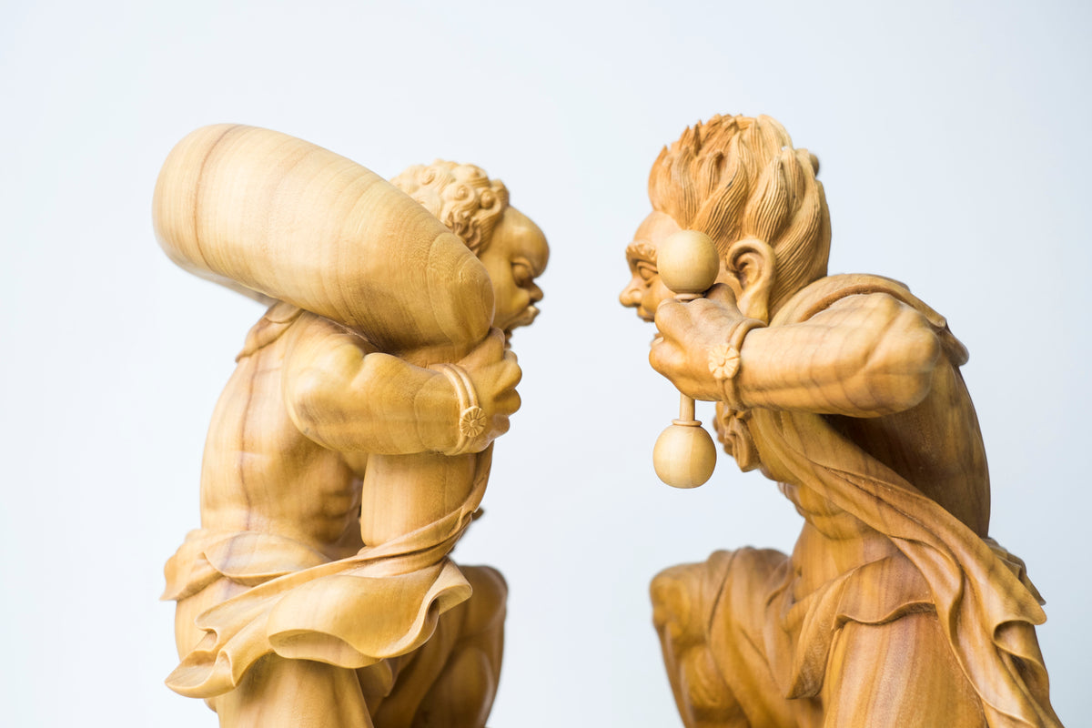 Large Vintage Japanese Fujin Raijin Carved Wood Statues Pair | Wind Thunder Gods | Buddhist Guardian Sculpture with Box