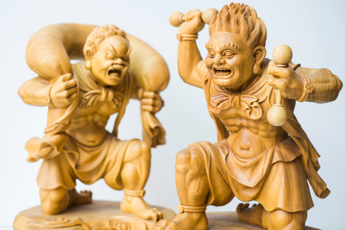 Large Vintage Japanese Fujin Raijin Carved Wood Statues Pair | Wind Thunder Gods | Buddhist Guardian Sculpture with Box