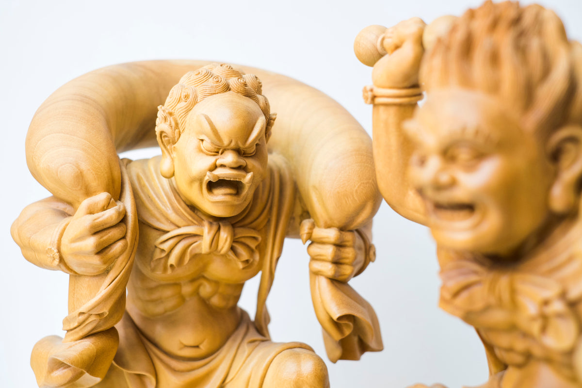 Large Vintage Japanese Fujin Raijin Carved Wood Statues Pair | Wind Thunder Gods | Buddhist Guardian Sculpture with Box