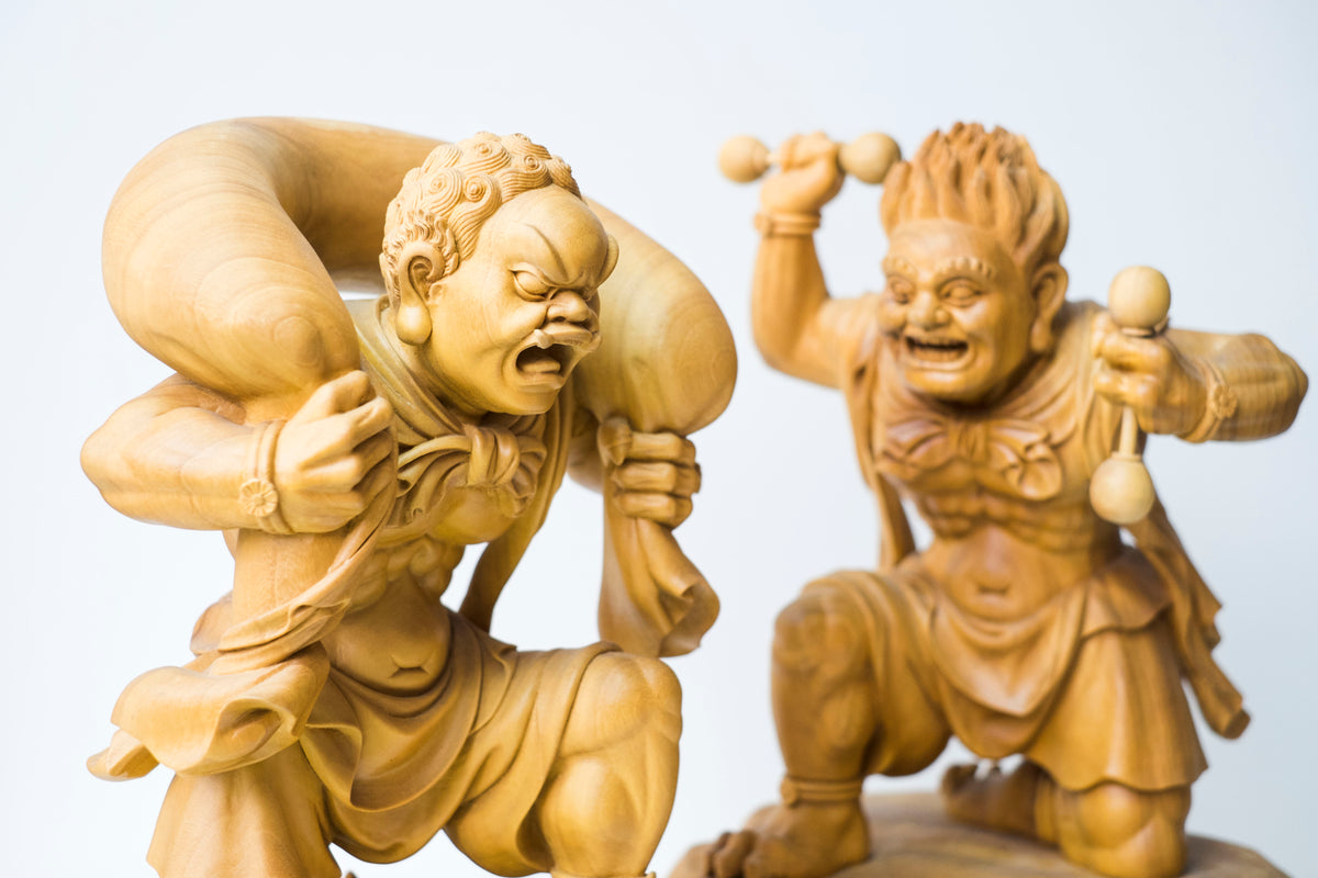 Large Vintage Japanese Fujin Raijin Carved Wood Statues Pair | Wind Thunder Gods | Buddhist Guardian Sculpture with Box
