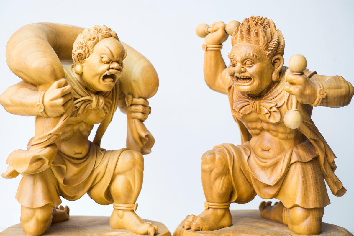 Large Vintage Japanese Fujin Raijin Carved Wood Statues Pair | Wind Thunder Gods | Buddhist Guardian Sculpture with Box