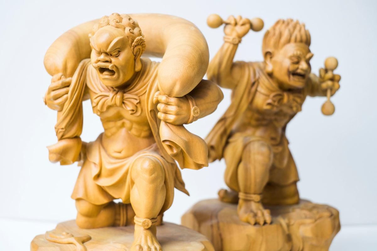 Large Vintage Japanese Fujin Raijin Carved Wood Statues Pair | Wind Thunder Gods | Buddhist Guardian Sculpture with Box