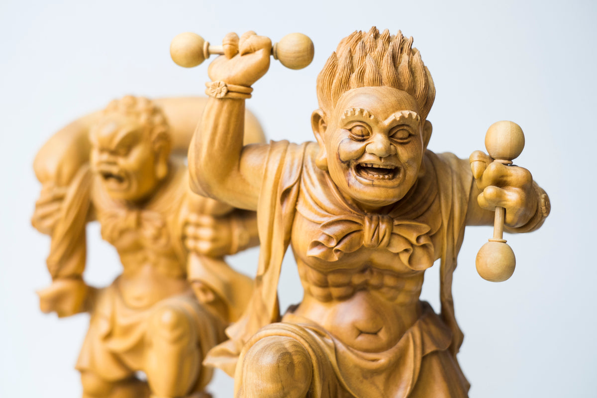 Large Vintage Japanese Fujin Raijin Carved Wood Statues Pair | Wind Thunder Gods | Buddhist Guardian Sculpture with Box