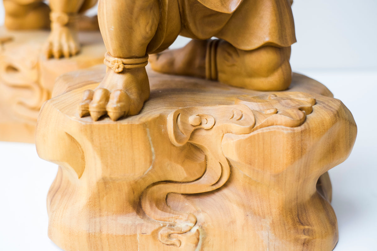 Large Vintage Japanese Fujin Raijin Carved Wood Statues Pair | Wind Thunder Gods | Buddhist Guardian Sculpture with Box