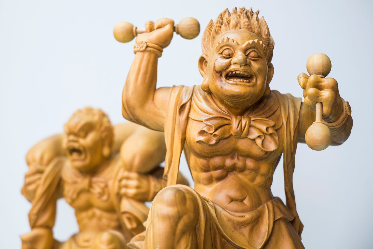 Large Vintage Japanese Fujin Raijin Carved Wood Statues Pair | Wind Thunder Gods | Buddhist Guardian Sculpture with Box