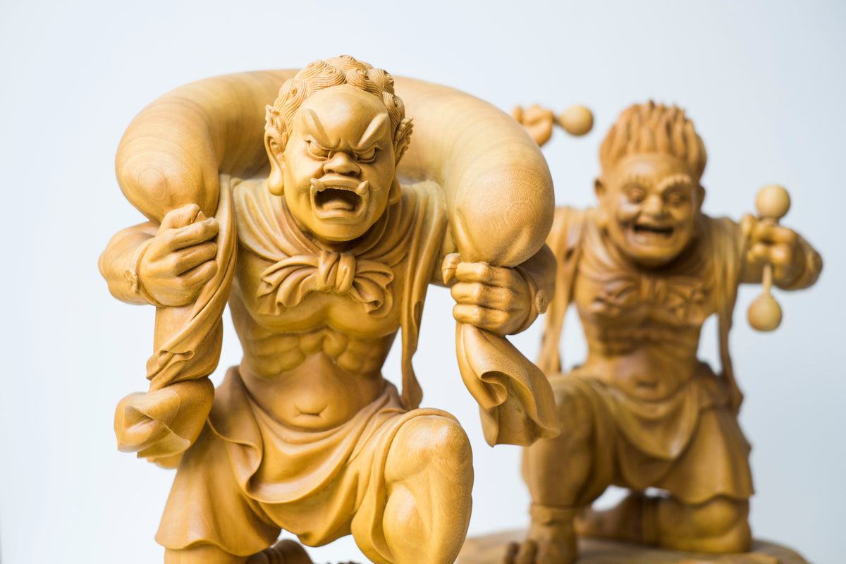 Large Vintage Japanese Fujin Raijin Carved Wood Statues Pair | Wind Thunder Gods | Buddhist Guardian Sculpture with Box