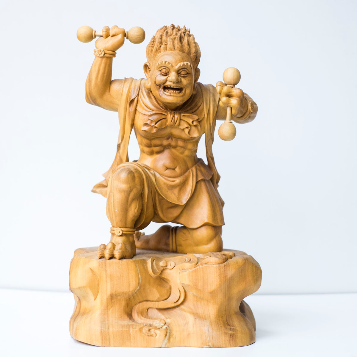 Large Vintage Japanese Fujin Raijin Carved Wood Statues Pair | Wind Thunder Gods | Buddhist Guardian Sculpture with Box