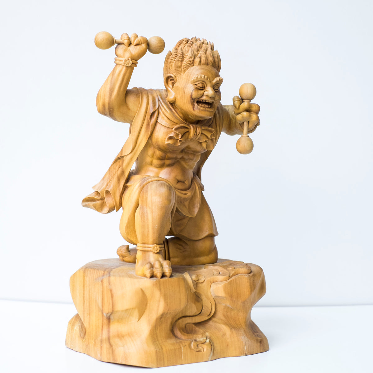 Large Vintage Japanese Fujin Raijin Carved Wood Statues Pair | Wind Thunder Gods | Buddhist Guardian Sculpture with Box