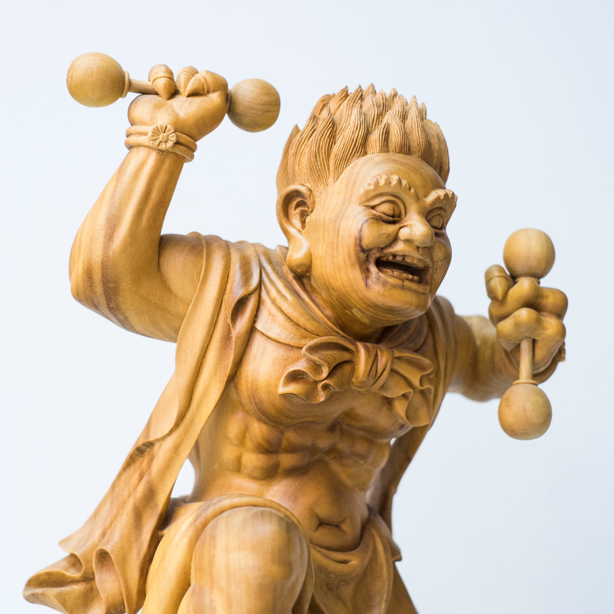 Large Vintage Japanese Fujin Raijin Carved Wood Statues Pair | Wind Thunder Gods | Buddhist Guardian Sculpture with Box