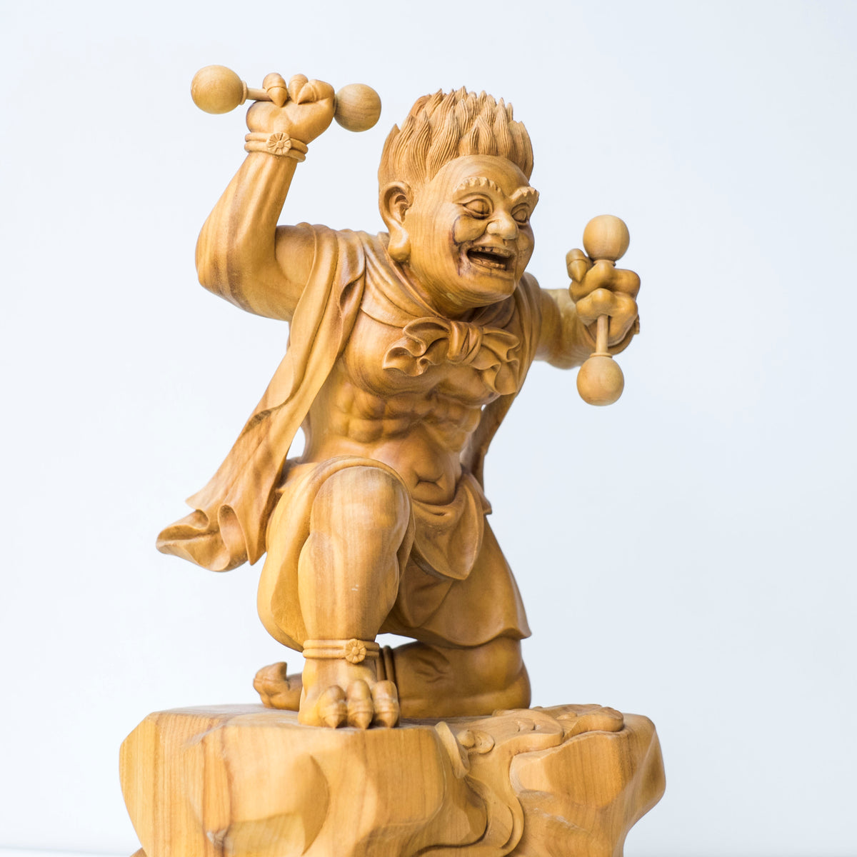 Large Vintage Japanese Fujin Raijin Carved Wood Statues Pair | Wind Thunder Gods | Buddhist Guardian Sculpture with Box