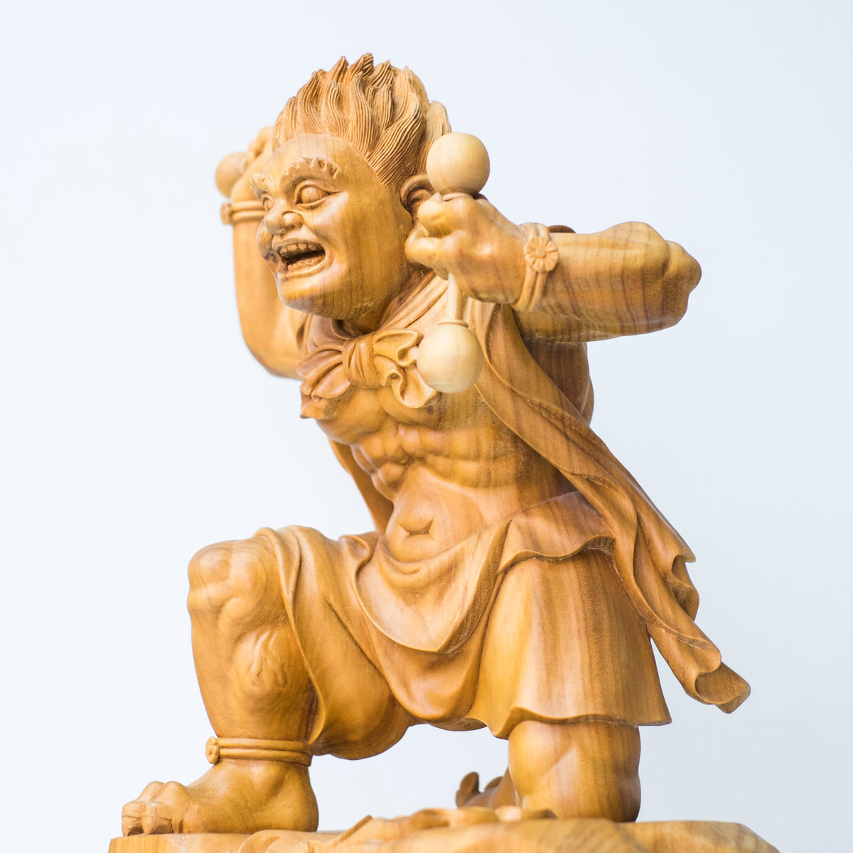 Large Vintage Japanese Fujin Raijin Carved Wood Statues Pair | Wind Thunder Gods | Buddhist Guardian Sculpture with Box
