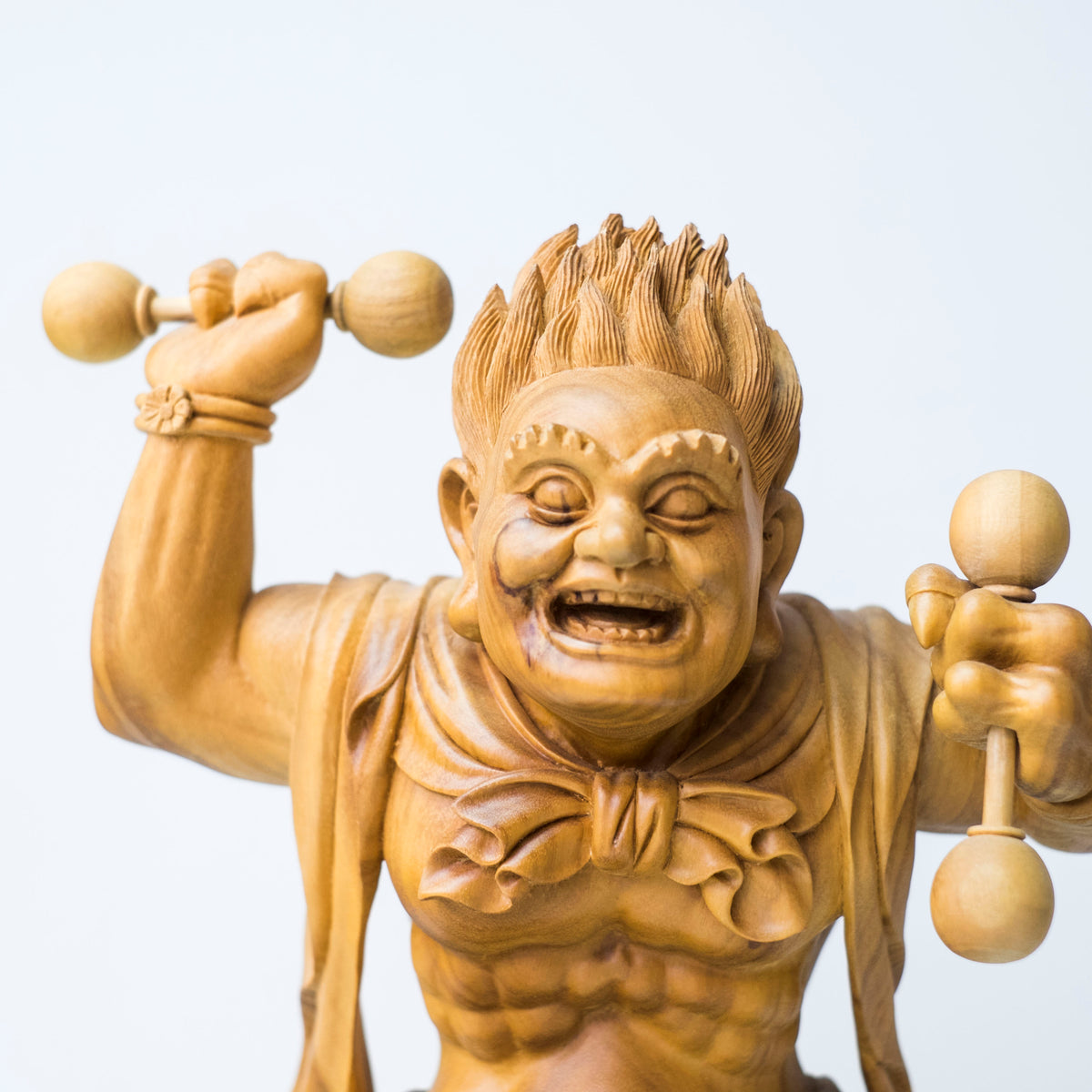 Large Vintage Japanese Fujin Raijin Carved Wood Statues Pair | Wind Thunder Gods | Buddhist Guardian Sculpture with Box