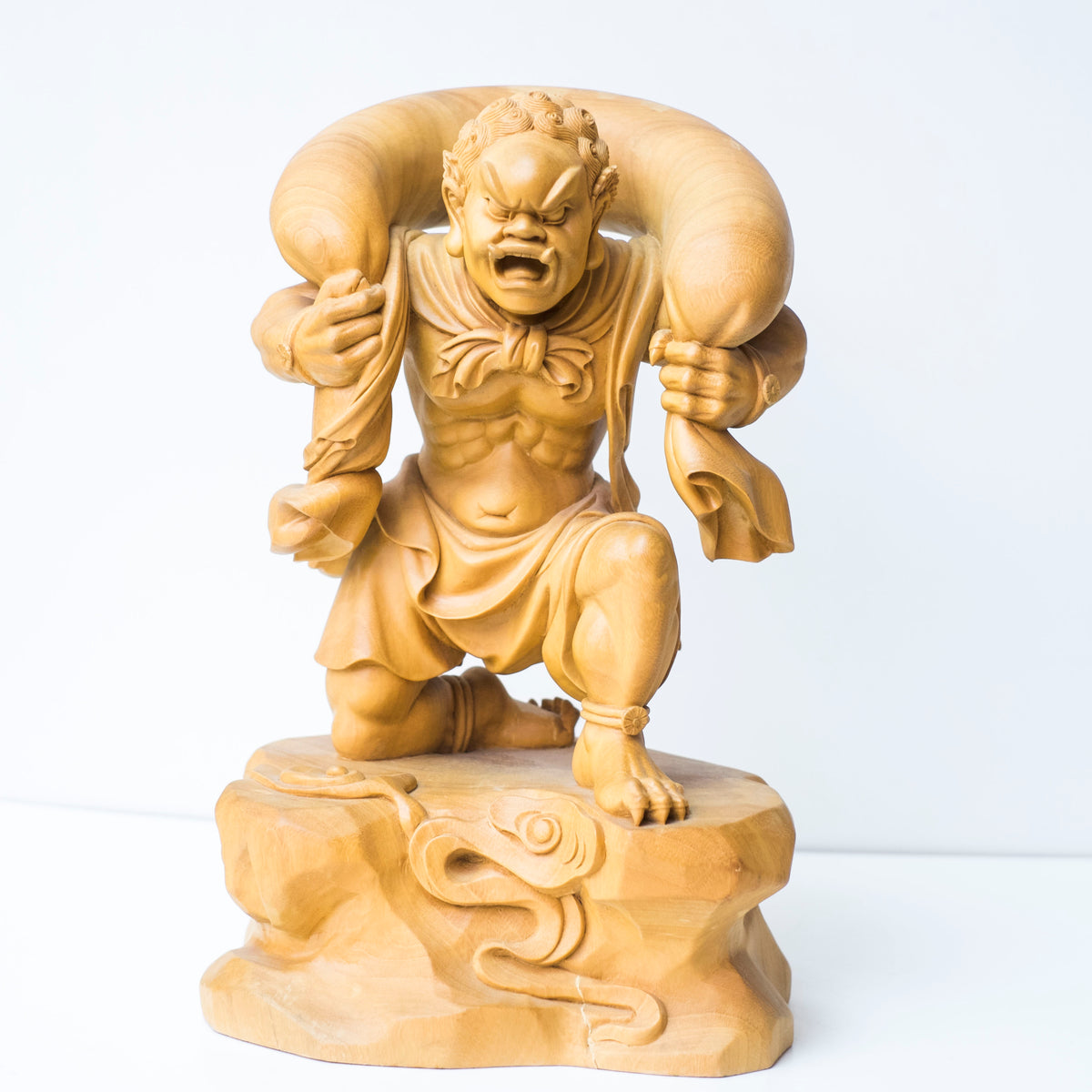 Large Vintage Japanese Fujin Raijin Carved Wood Statues Pair | Wind Thunder Gods | Buddhist Guardian Sculpture with Box