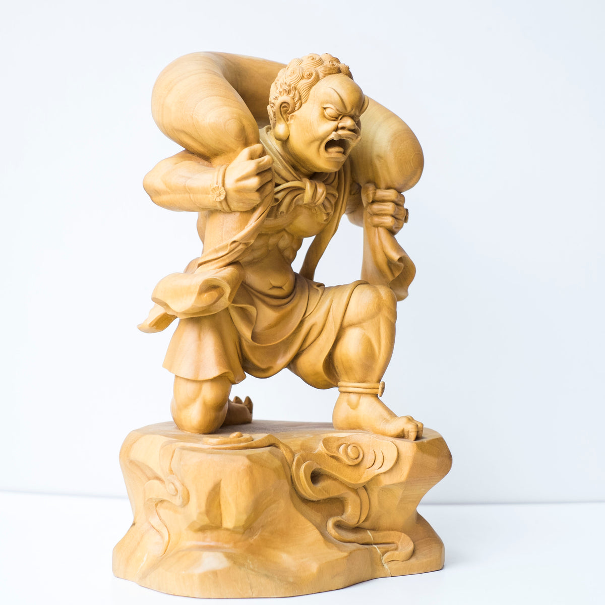 Large Vintage Japanese Fujin Raijin Carved Wood Statues Pair | Wind Thunder Gods | Buddhist Guardian Sculpture with Box