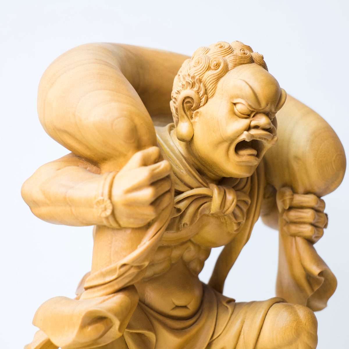 Large Vintage Japanese Fujin Raijin Carved Wood Statues Pair | Wind Thunder Gods | Buddhist Guardian Sculpture with Box