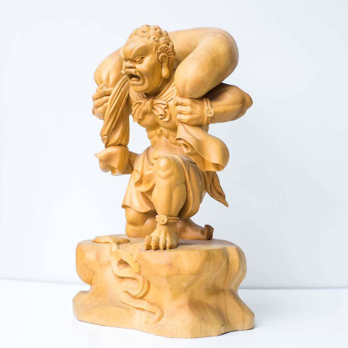 Large Vintage Japanese Fujin Raijin Carved Wood Statues Pair | Wind Thunder Gods | Buddhist Guardian Sculpture with Box
