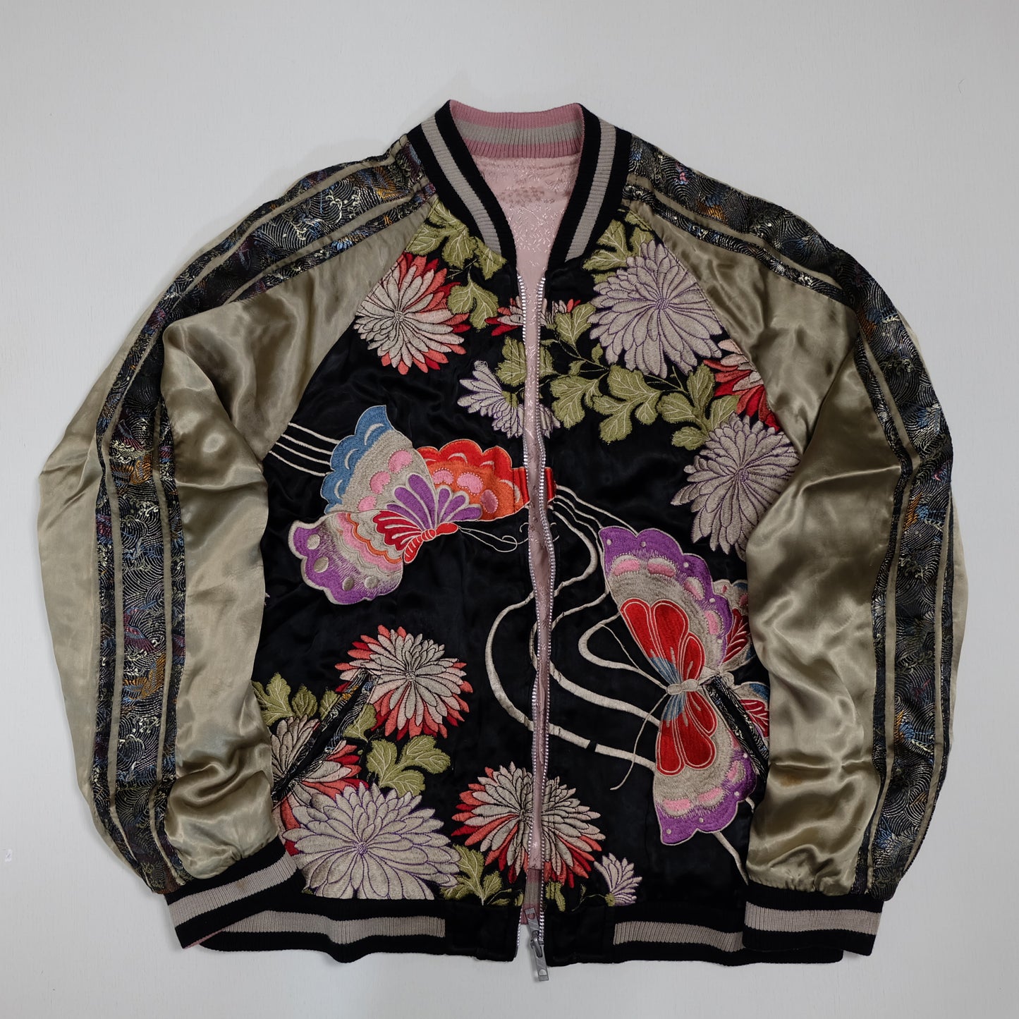 Vintage Reversible Butterfly Chocho Sukajan Jacket Size M Chrysanthemum Embroidered Japanese Souvenir Bomber Y2K