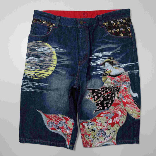 Kaccho Fugetsu “Japanese Tradition” Embroidered Geisha & Moon Wagara Denim Shorts – Size 36