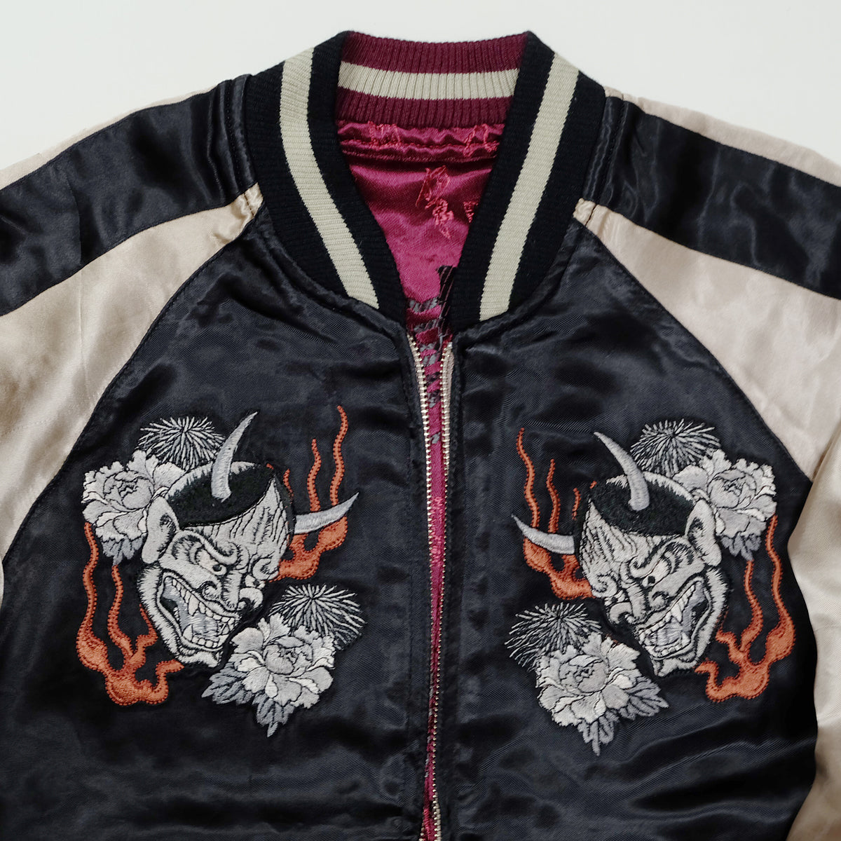Vintage Reversible Hannya Sukajan Jacket Size S Japanese Oni Mask Katana Peony Flame Embroidered Yokosuka Bomber