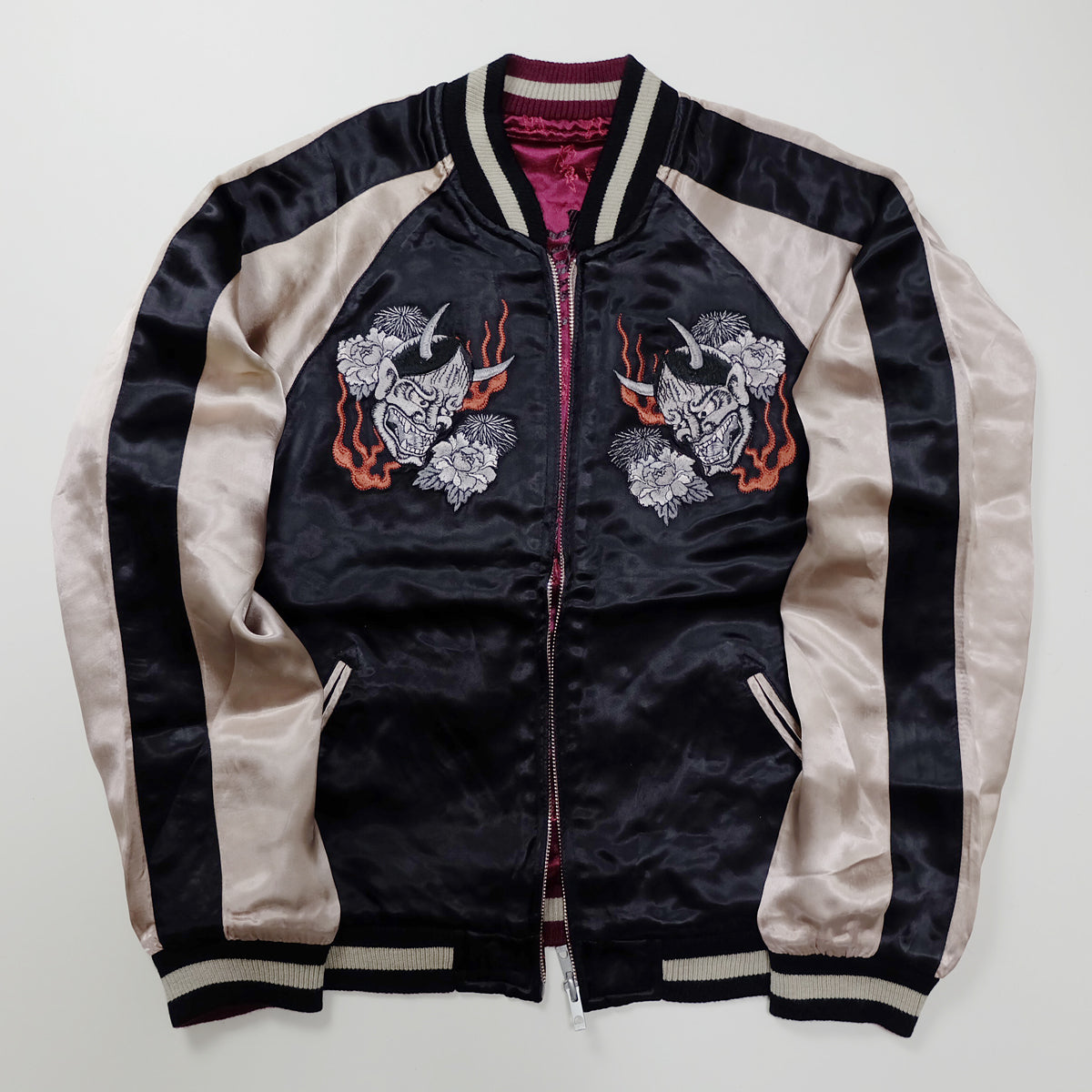 Vintage Reversible Hannya Sukajan Jacket Size S Japanese Oni Mask Katana Peony Flame Embroidered Yokosuka Bomber