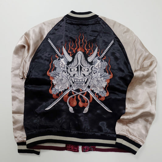 Vintage Reversible Hannya Sukajan Jacket Size S Japanese Oni Mask Katana Peony Flame Embroidered Yokosuka Bomber