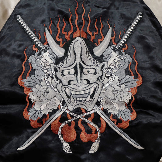 Vintage Reversible Hannya Sukajan Jacket Size S Japanese Oni Mask Katana Peony Flame Embroidered Yokosuka Bomber