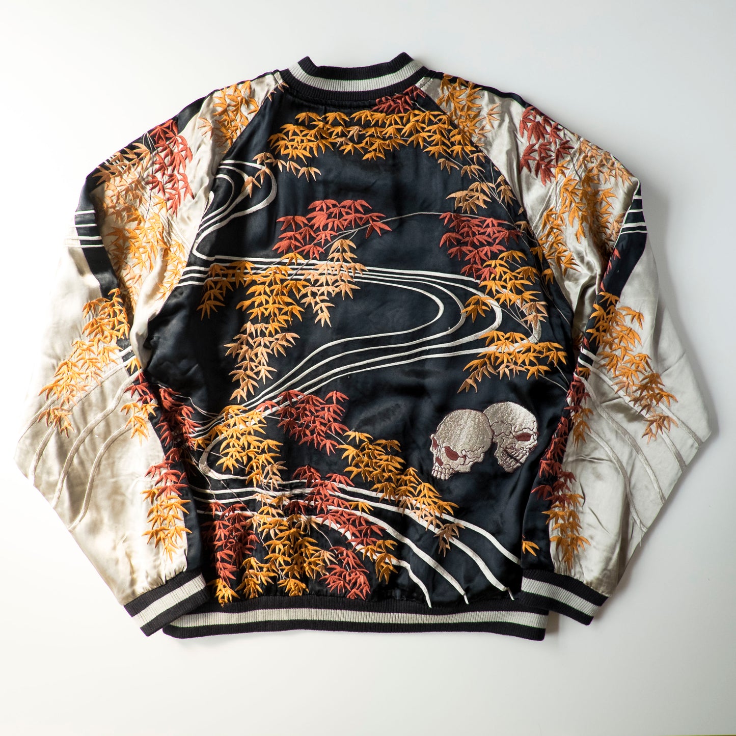 Vintage Reversible Sukajan Jacket Autumn Maple Skull Phoenix Floral Wagara Japanese Y2K Souvenir Bomber