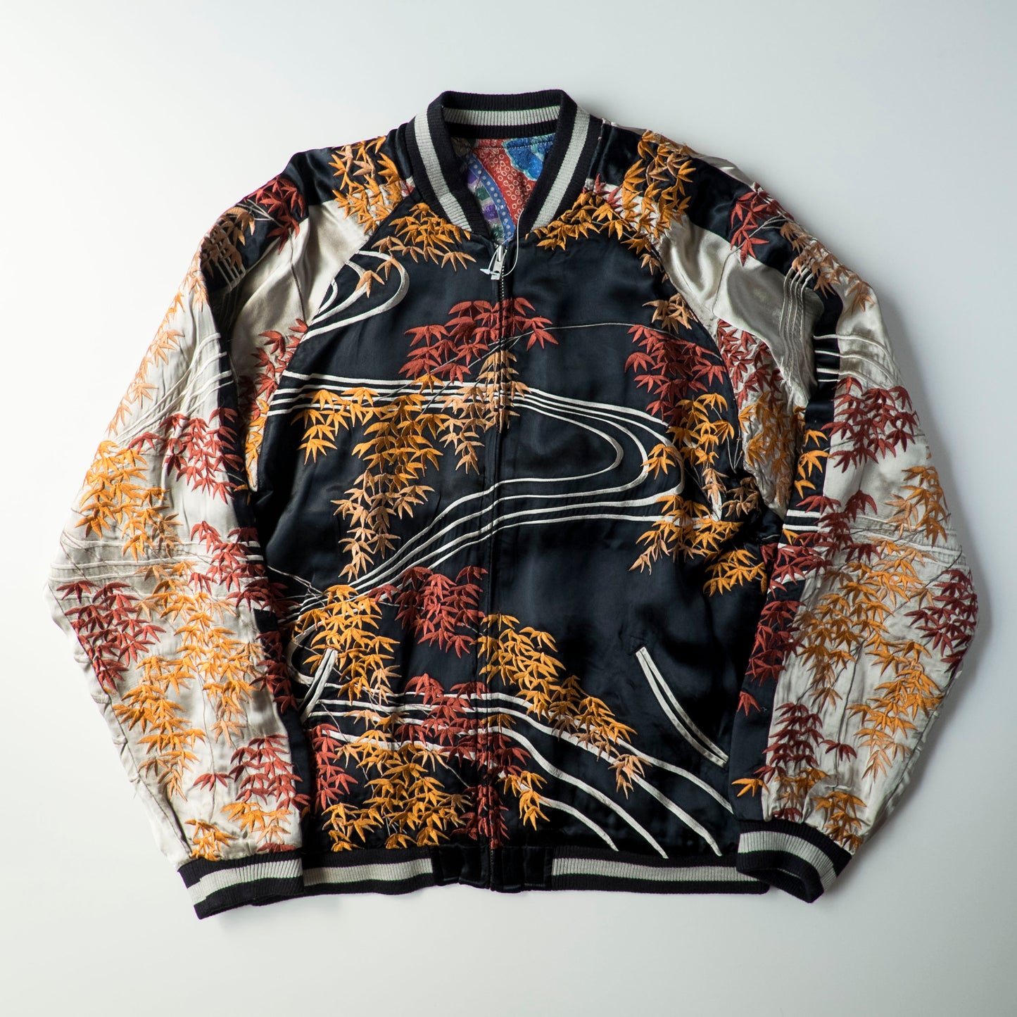Vintage Reversible Sukajan Jacket Autumn Maple Skull Phoenix Floral Wagara Japanese Y2K Souvenir Bomber