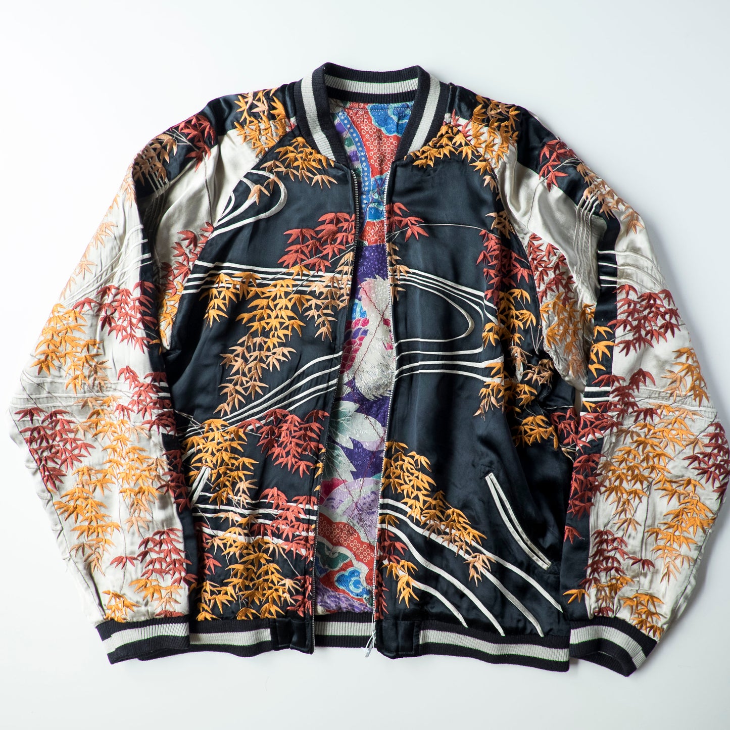Vintage Reversible Sukajan Jacket Autumn Maple Skull Phoenix Floral Wagara Japanese Y2K Souvenir Bomber