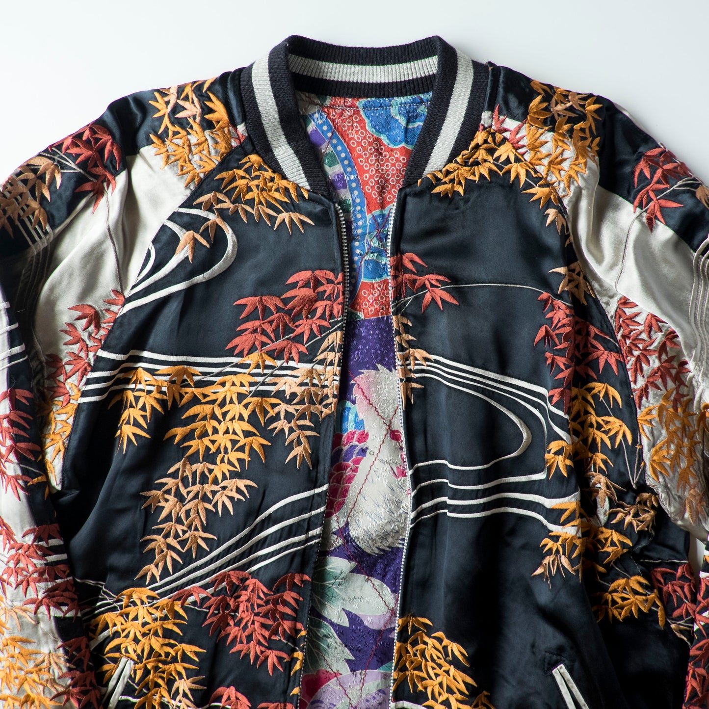 Vintage Reversible Sukajan Jacket Autumn Maple Skull Phoenix Floral Wagara Japanese Y2K Souvenir Bomber