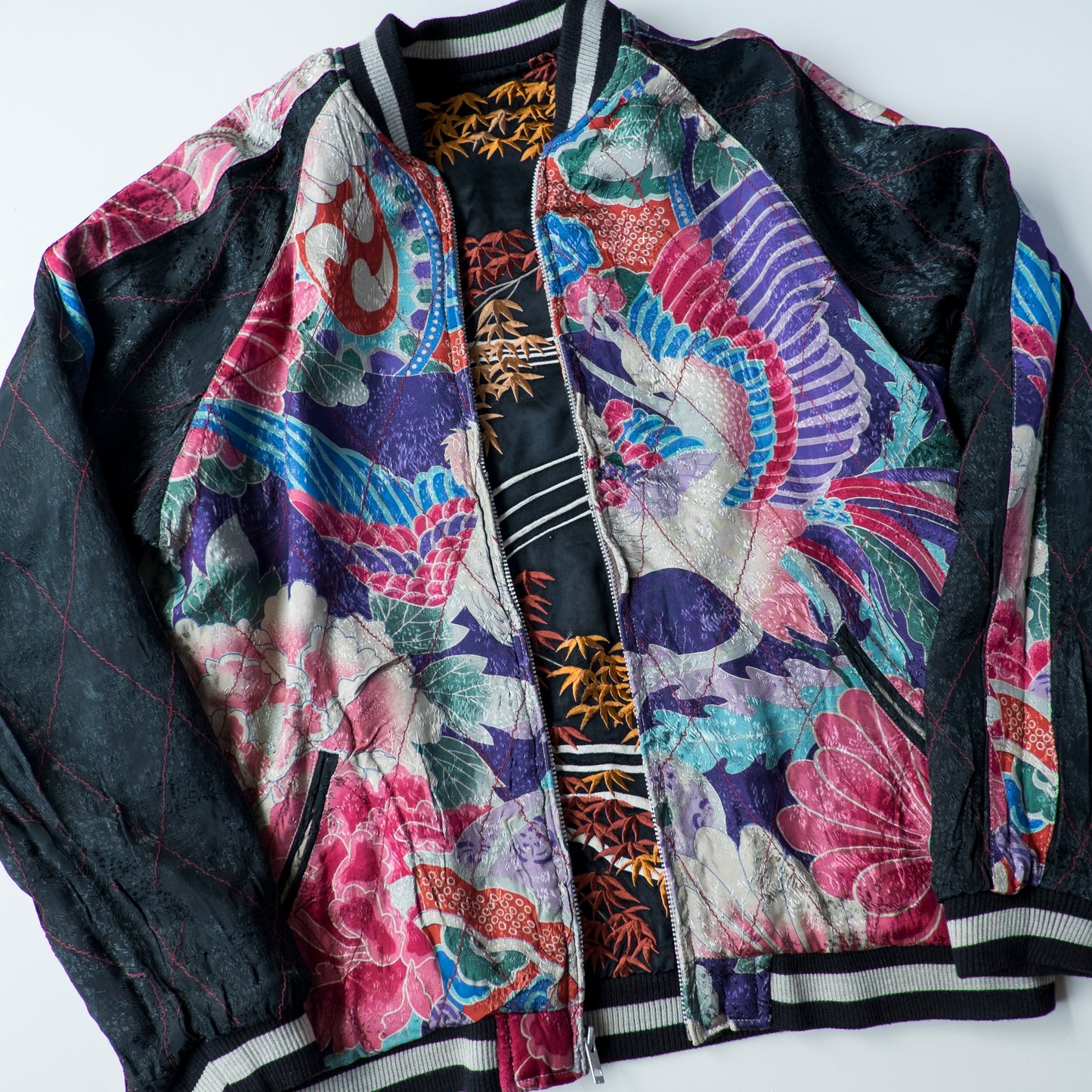 Vintage Reversible Sukajan Jacket Autumn Maple Skull Phoenix Floral Wagara Japanese Y2K Souvenir Bomber