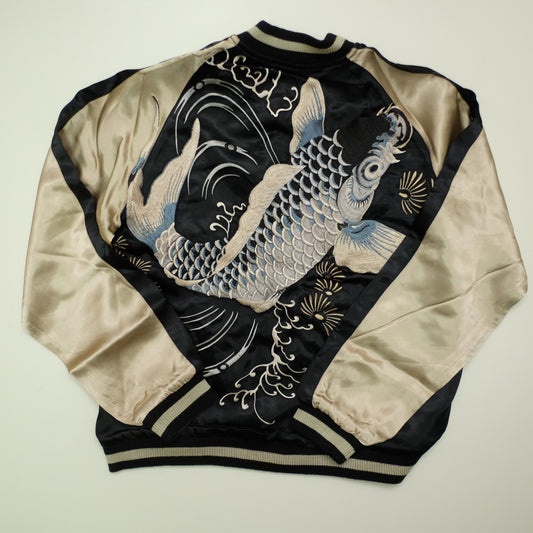 Vintage Japanese Japan Rising Koi Carp Fish Dragon Nihonga Tattoo Art Design Embroidered Yokosuka Jumper Bomber Sukajan Souvenir Jacket (Free ( M-L)