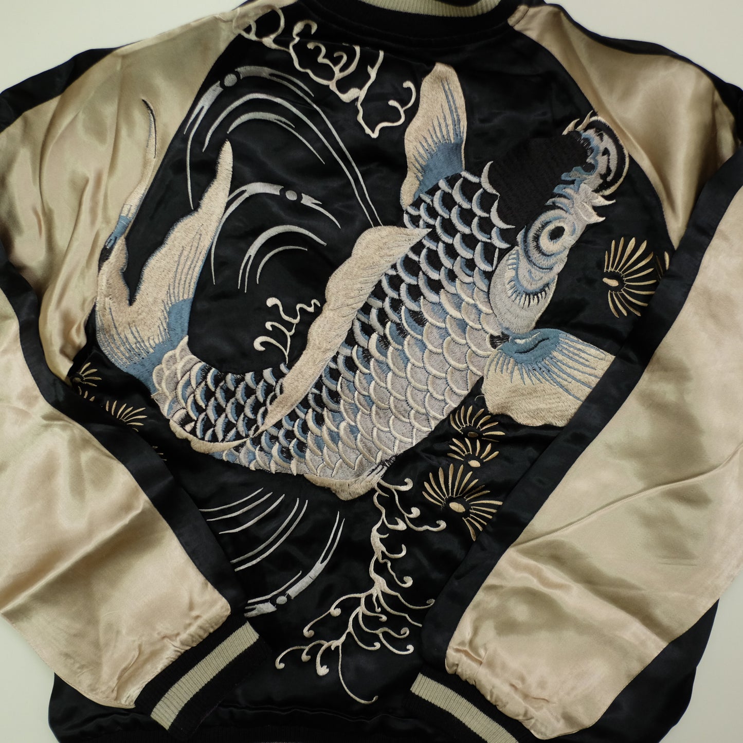 Vintage Japanese Japan Rising Koi Carp Fish Dragon Nihonga Tattoo Art Design Embroidered Yokosuka Jumper Bomber Sukajan Souvenir Jacket (Free ( M-L)