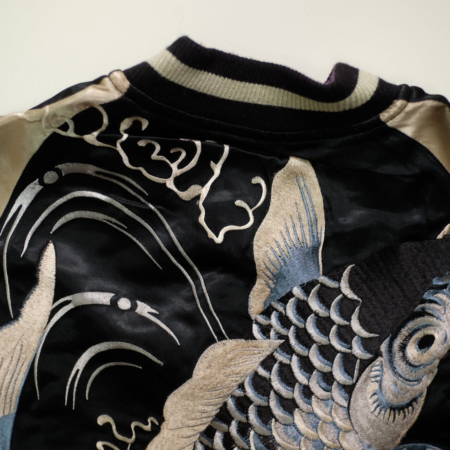 Vintage Japanese Japan Rising Koi Carp Fish Dragon Nihonga Tattoo Art Design Embroidered Yokosuka Jumper Bomber Sukajan Souvenir Jacket (Free ( M-L)