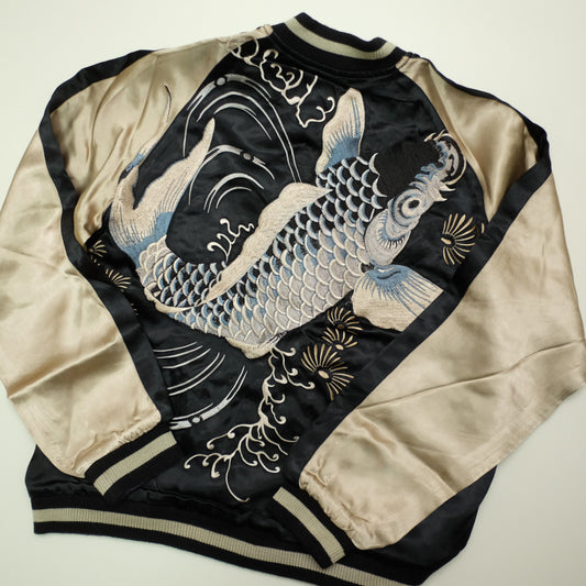 Vintage Japanese Japan Rising Koi Carp Fish Dragon Nihonga Tattoo Art Design Embroidered Yokosuka Jumper Bomber Sukajan Souvenir Jacket (Free ( M-L)