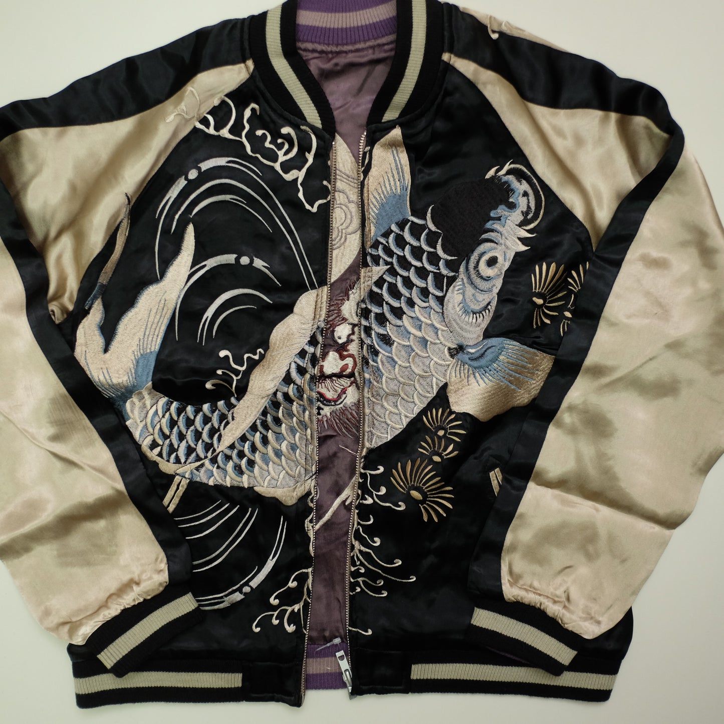 Vintage Japanese Japan Rising Koi Carp Fish Dragon Nihonga Tattoo Art Design Embroidered Yokosuka Jumper Bomber Sukajan Souvenir Jacket (Free ( M-L)