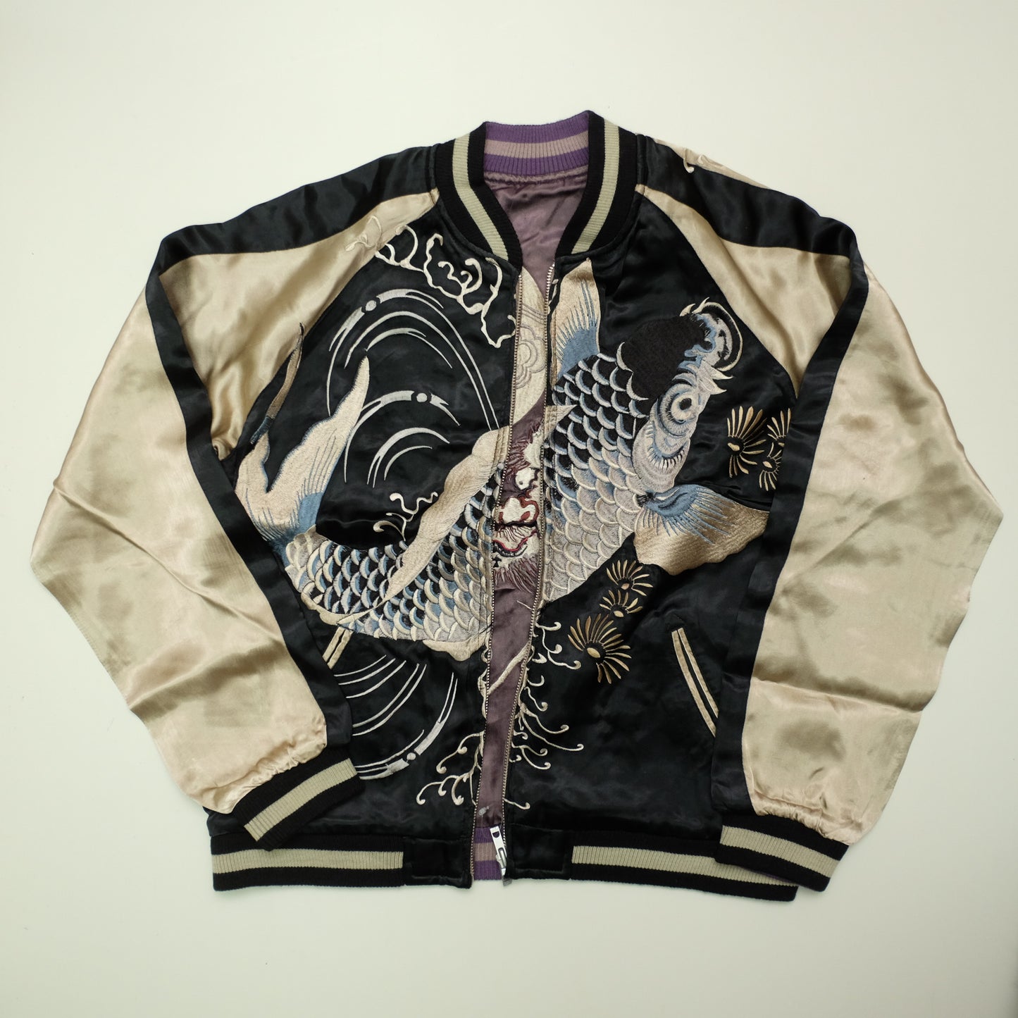 Vintage Japanese Japan Rising Koi Carp Fish Dragon Nihonga Tattoo Art Design Embroidered Yokosuka Jumper Bomber Sukajan Souvenir Jacket (Free ( M-L)
