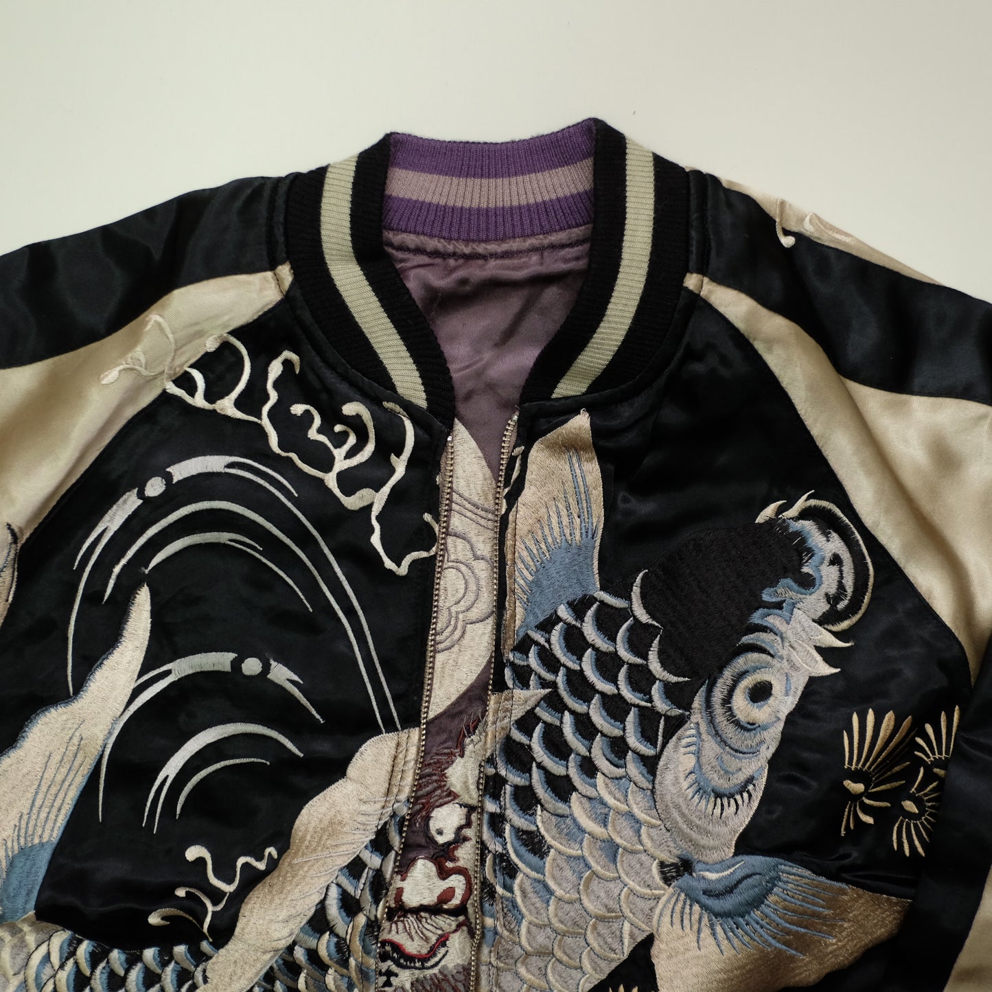 Vintage Japanese Japan Rising Koi Carp Fish Dragon Nihonga Tattoo Art Design Embroidered Yokosuka Jumper Bomber Sukajan Souvenir Jacket (Free ( M-L)