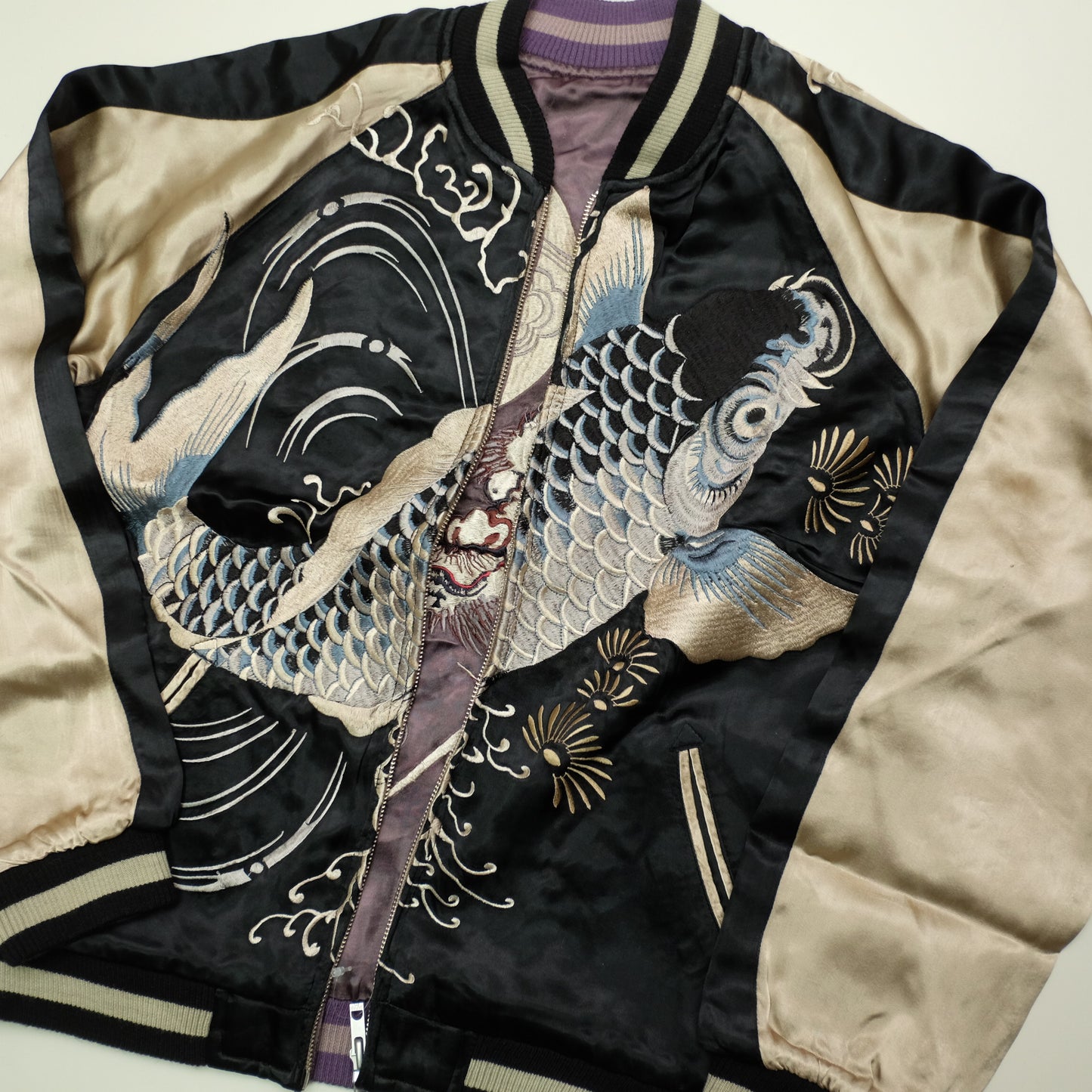 Vintage Japanese Japan Rising Koi Carp Fish Dragon Nihonga Tattoo Art Design Embroidered Yokosuka Jumper Bomber Sukajan Souvenir Jacket (Free ( M-L)
