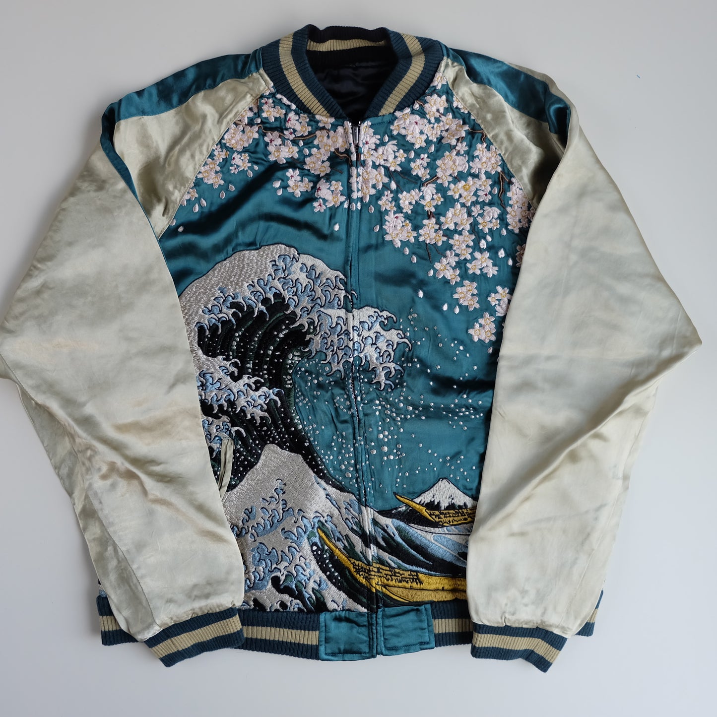 Vintage Japanese Sukajan Jacket Hokusai Great Wave Sakura Mount Fuji Reversible Embroidered Souvenir Bomber