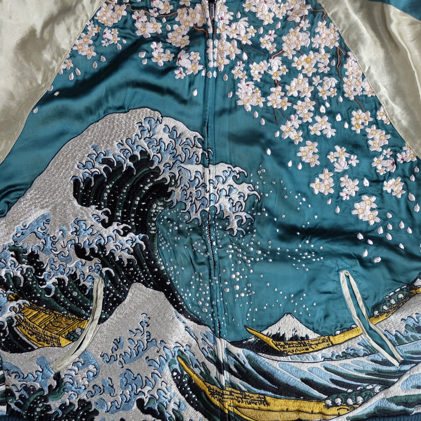 Vintage Japanese Sukajan Jacket Hokusai Great Wave Sakura Mount Fuji Reversible Embroidered Souvenir Bomber