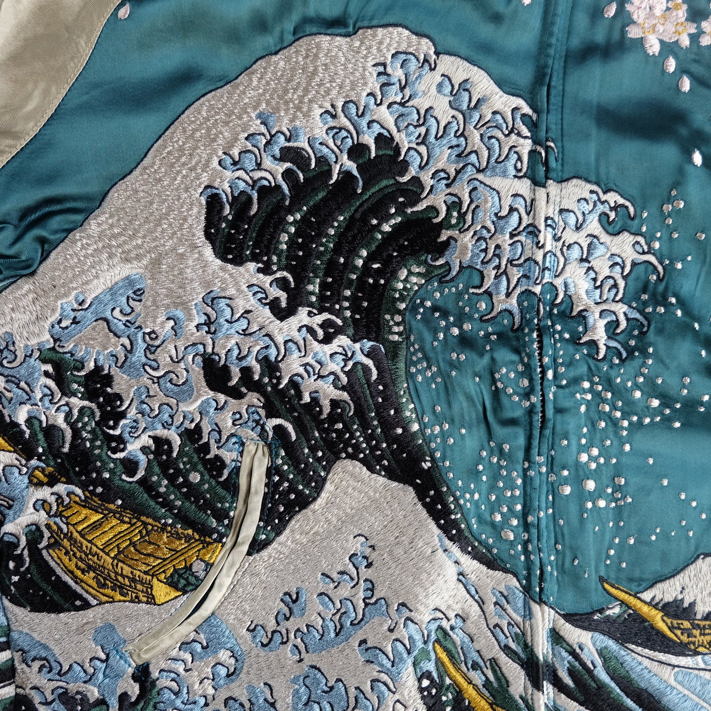 Vintage Japanese Sukajan Jacket Hokusai Great Wave Sakura Mount Fuji Reversible Embroidered Souvenir Bomber