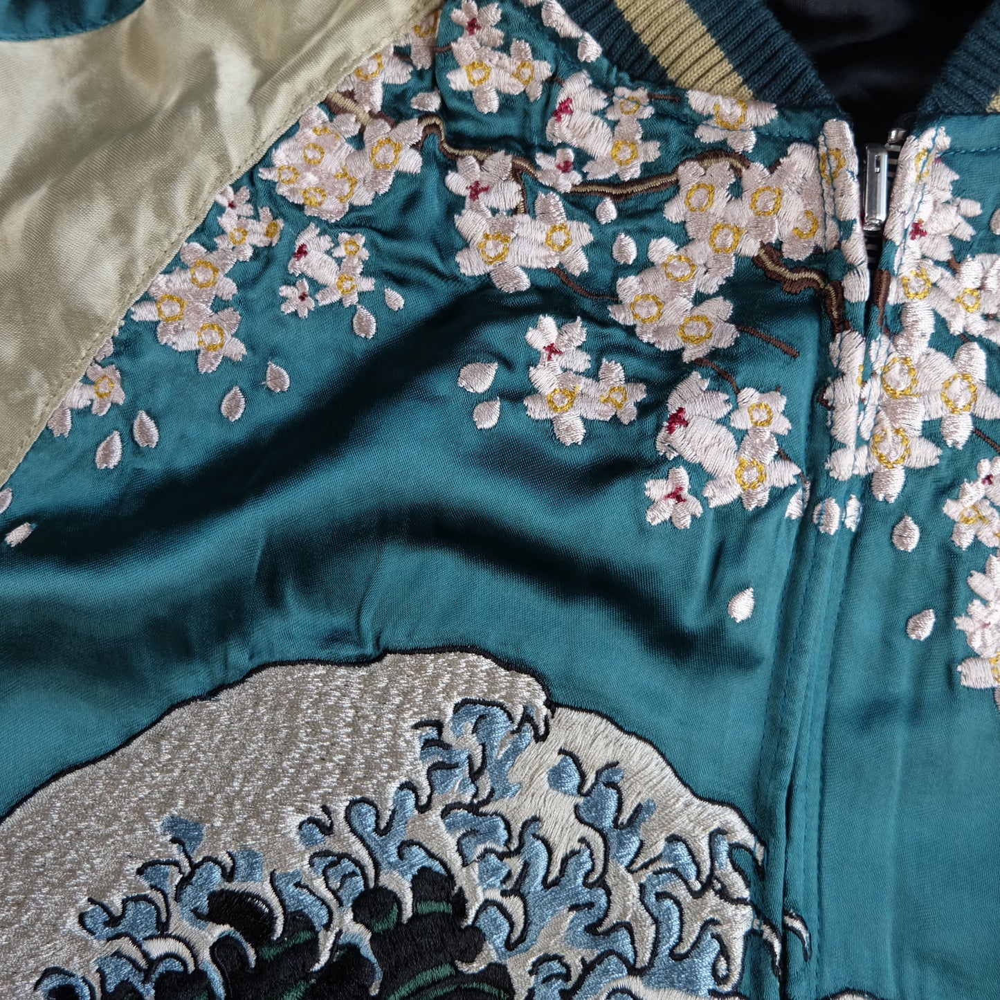 Vintage Japanese Sukajan Jacket Hokusai Great Wave Sakura Mount Fuji Reversible Embroidered Souvenir Bomber