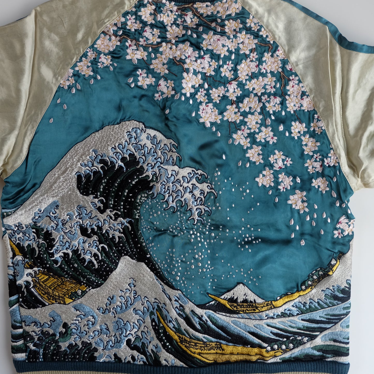 Vintage Japanese Sukajan Jacket Hokusai Great Wave Sakura Mount Fuji Reversible Embroidered Souvenir Bomber
