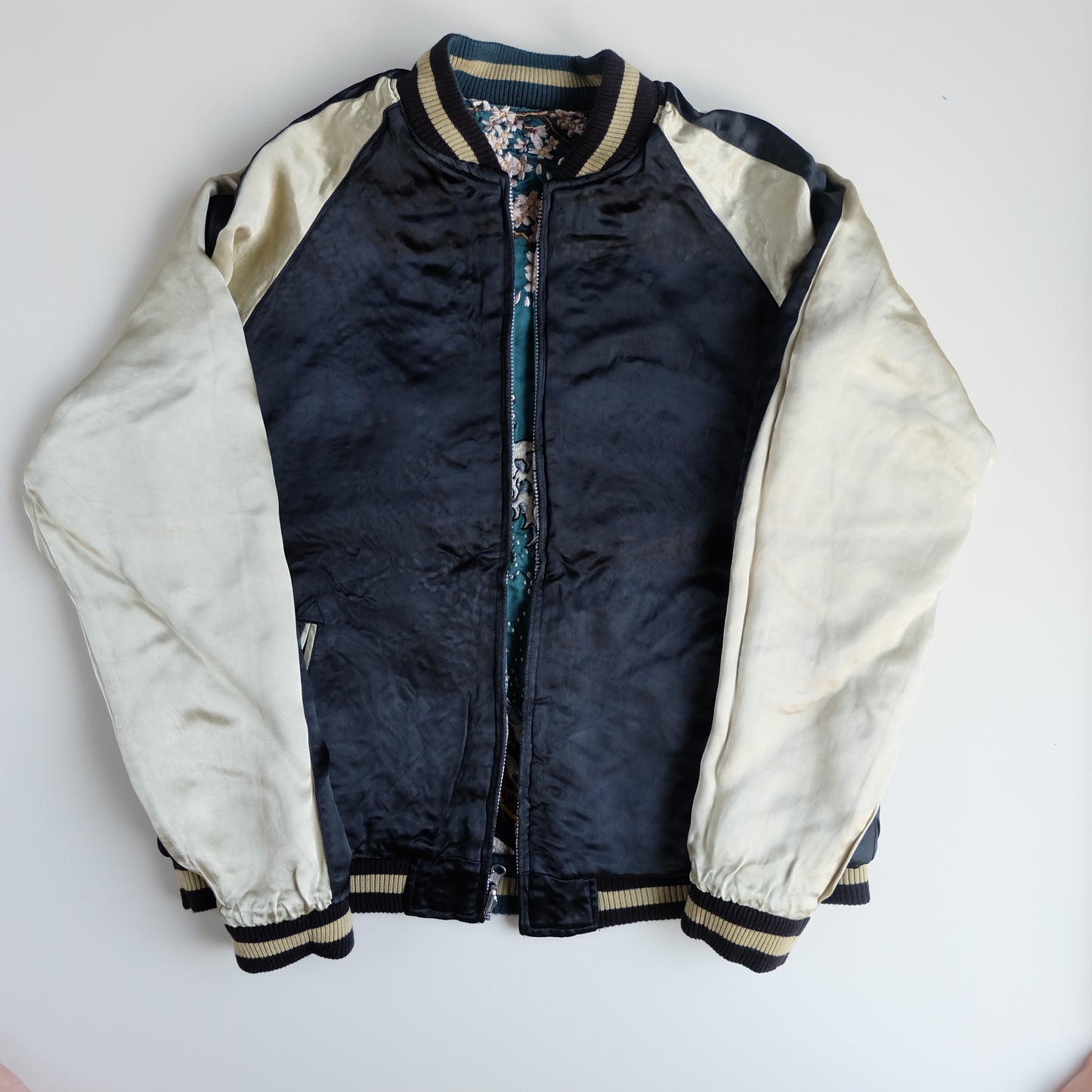Vintage Japanese Sukajan Jacket Hokusai Great Wave Sakura Mount Fuji Reversible Embroidered Souvenir Bomber