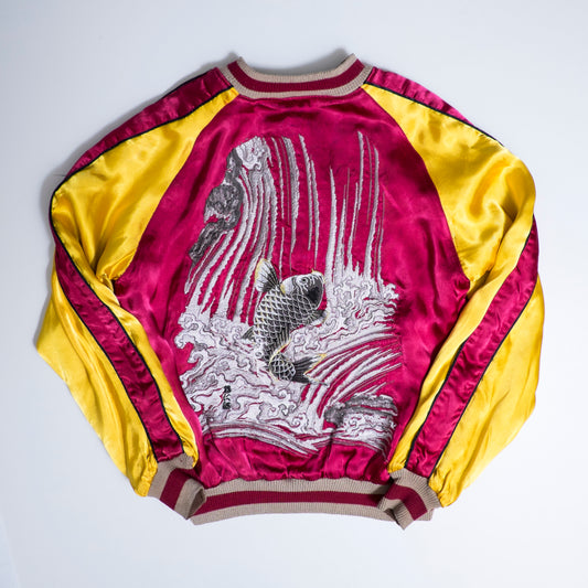 Red Yellow Vintage Japanese Japan Rising Koi Carp Fish Turtle Tattoo Art Design Embroidered Yokosuka Jumper Bomber Sukajan Souvenir Jacket