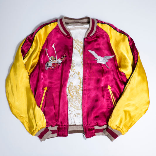 Red Yellow Vintage Japanese Japan Rising Koi Carp Fish Turtle Tattoo Art Design Embroidered Yokosuka Jumper Bomber Sukajan Souvenir Jacket