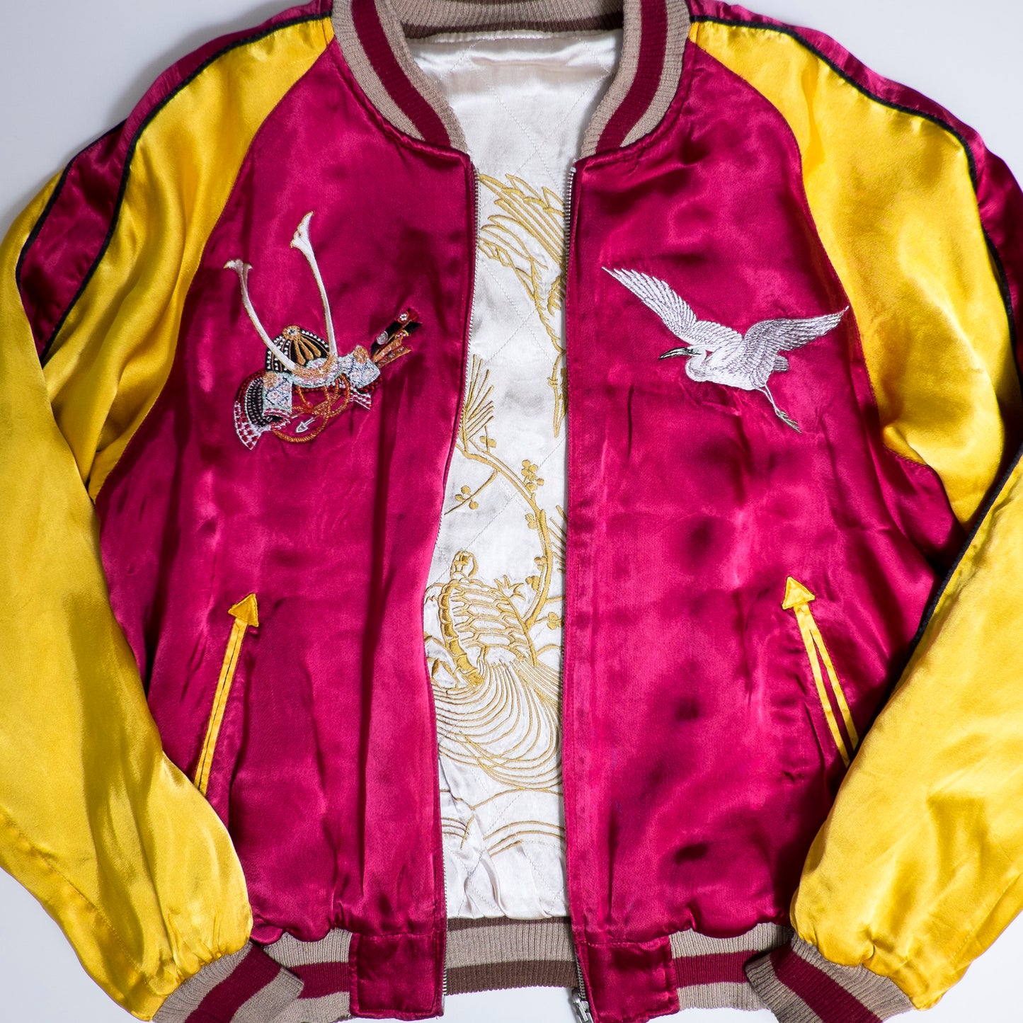 Red Yellow Vintage Japanese Japan Rising Koi Carp Fish Turtle Tattoo Art Design Embroidered Yokosuka Jumper Bomber Sukajan Souvenir Jacket