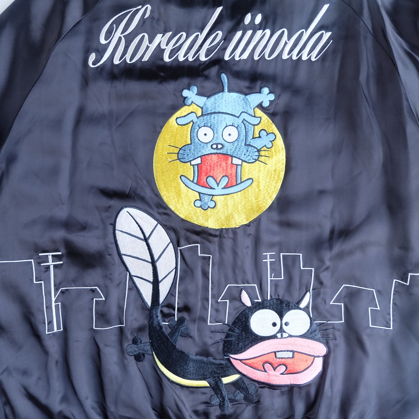The Iconic Juvenile Delinquent x Tensai Bakabon Sukajan Jacket Reversible Korede Iinoda Embroidered Anime Souvenir Bomber Black Ivory